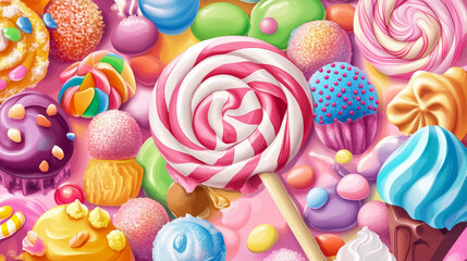 Cute candy planet for fantasy game ui universe design. Cartoon vector illustration set of funny sweet dessert confectionery balls made of lollipop, ice cream, chocolate with nut chips, cake with icing