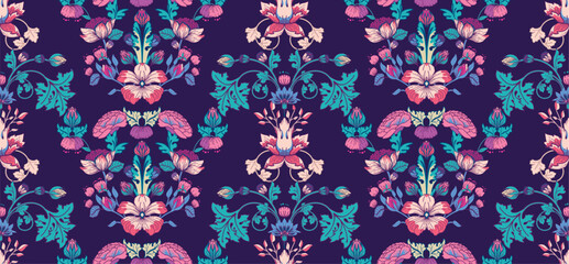 Seamless pattern with flowers and leaves in modern damask style for tapestry, fabric, wallpaper