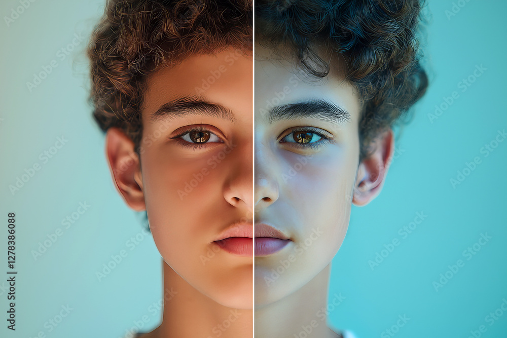 Poster split-screen of the same person, one side real and the other side artificially generated.
