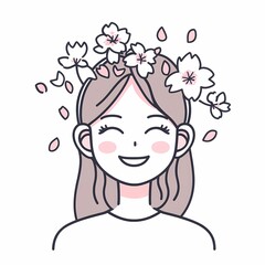 Obraz premium Cute South Korean-style girl with cherry blossoms in her hair, simple and stylish vector art.