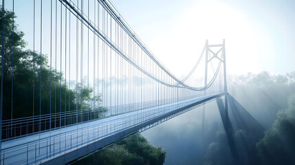 Obraz premium Suspension bridge blueprint morphs into stunning 3D architectural visualization. High-precision engineering details transition from technical drawings to a realistic structure.