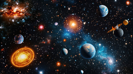 Avibrantdepictionofacosmicscene,showcasingplanets,stars,galaxies,andnebulae.