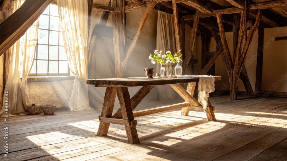 Poster a rustic-style dining table under exposed wooden beams, with soft curtains filtering the light. copy