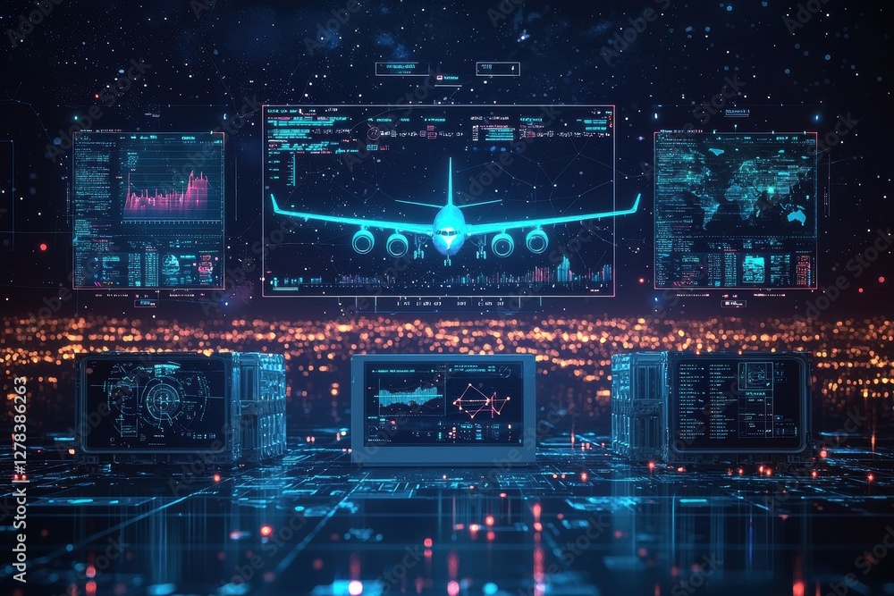 Poster futuristic digital monitoring interface with aircraft hologram in a high-tech setting