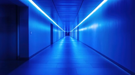 Obraz premium A Long, Illuminated Blue Corridor in a Modern Building Creates a Futuristic Ambiance, Inviting Curious Exploration and Evoking a Sense of Mystery and Intrigue