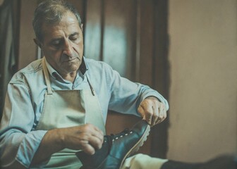 Crafting footwear italian shoemaker at work in workshop detailed portrait artisan environment close-up view traditional craftsmanship