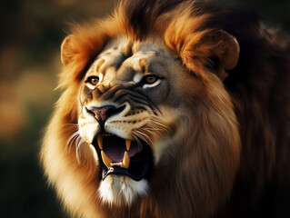 Naklejka premium Majestic headshot of a roaring lion with a golden mane, symbolizing strength and dominance, as the king of the jungle commands attention with its powerful presence and regal expression