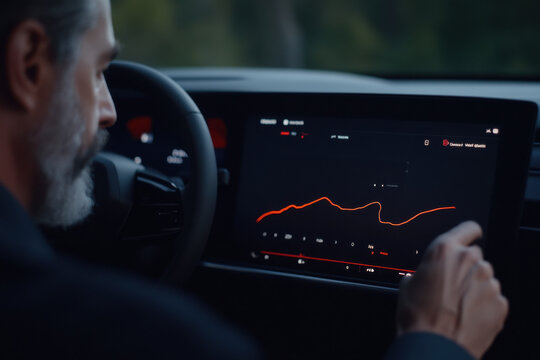 Businessman driving modern car using touch screen navigation system