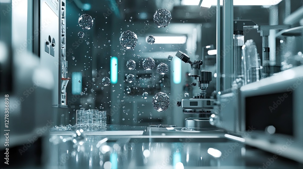 Poster a sleek metallic lab interior with floating particles and scientific gadgets in motion. 3d space sta