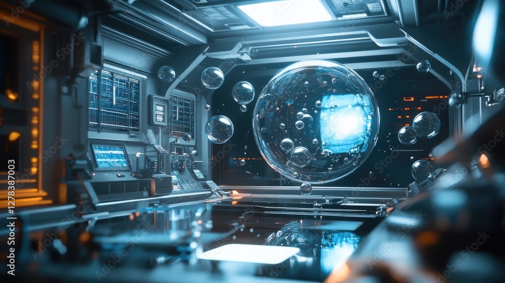 Poster a sleek metallic lab interior with floating particles and scientific gadgets in motion. 3d space sta
