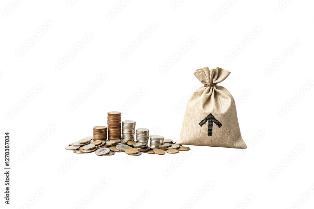 Poster a burlap sack with an upward-pointing arrow, surrounded by neatly stacked gold and silver coins, rep