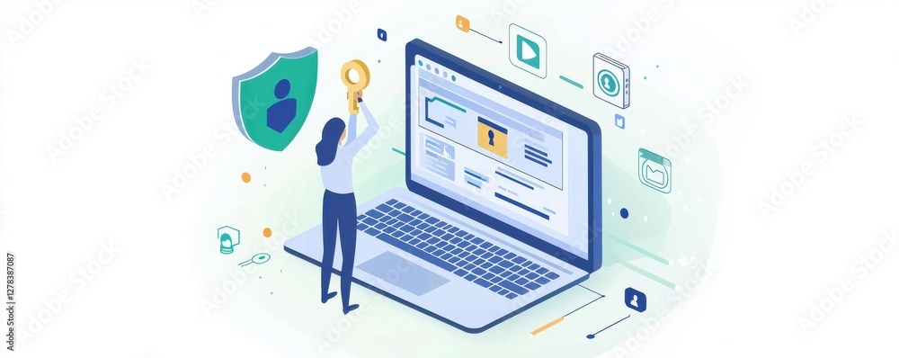 Poster isometric illustration of cybersecurity concepts featuring secure data and systems access