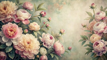 Softly rendered vintage floral design showcasing beautiful peonies in muted colors with intricate details, creating a sense of elegance and sophistication , texture, vintage