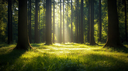 Deep forest with sunny glade, green grass and tree trunks silhouettes. Vector cartoon illustration of summer woods landscape with sunshine beams. Jungle panorama with green lawn