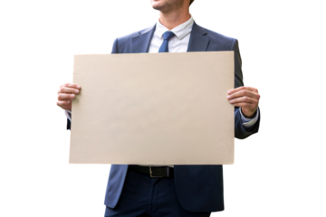 A businessman in a suit holds a blank beige sign, offering space for text or advertising, isolated on a transparent background