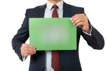 A businessman in a navy suit and red tie holds a blank green sign, suggesting an environmental message or a customizable space for eco-friendly campaigns, isolated on a transparent background