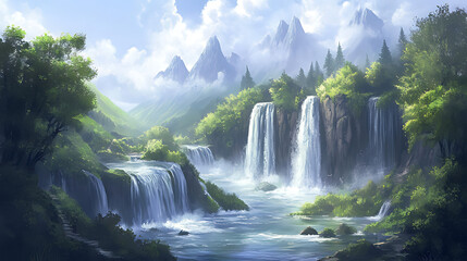 Fototapeta premium Breathtaking Scenic Waterfall Landscape with Majestic Mountains and Forests