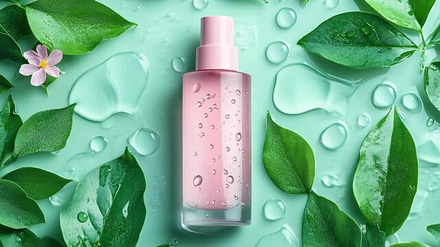 Elegant empty pastel cosmetic bottle nestled in water and lush green leaves, creating a calming, fresh vibe for skincare and beauty product designs.
