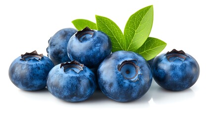 Obraz premium Fresh blueberries, leaves, white background, food