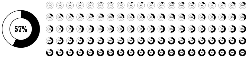 Circle percentage diagram set collection on white background. Percentage infographic template. Pie chart icons from 1 to 100 percent. Circle progress bar set with percentage text. Vector illustration  © GraphicSpark