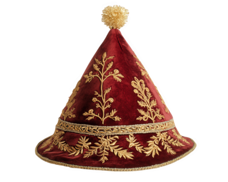 luxury velvet party hat with gold embroidery, featuring intricate floral designs and decorative pom pom on top, perfect for festive occasions - Powered by Adobe