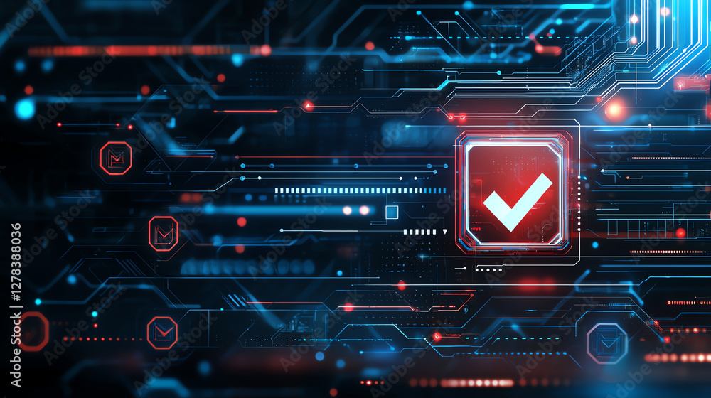 Poster digital interface with checkmark and icons, showcasing futuristic technology and connectivity. vibra