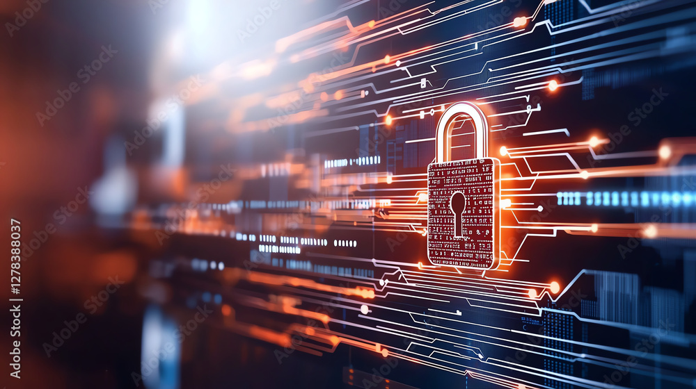 Poster digital padlock symbolizing cybersecurity with glowing circuits and data streams, representing prote