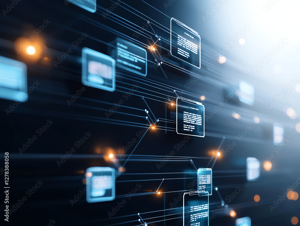 Poster digital document and folder icons connected by glowing lines, representing data flow and technology.