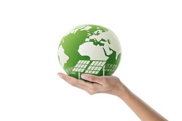 A green and white Earth illustration with solar panels at its base, symbolizing renewable energy and sustainable development efforts, isolated on a transparent background