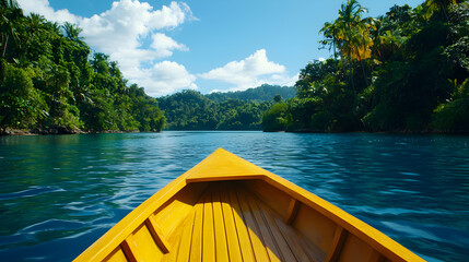 Yellow Boat Navigating A Lush Tropical River