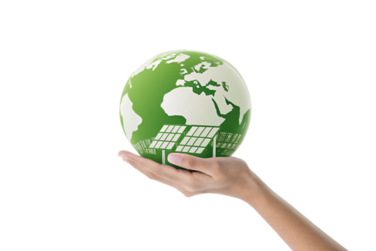 A green and white Earth illustration with solar panels at its base, symbolizing renewable energy and sustainable development efforts, isolated on a transparent background - Powered by Adobe
