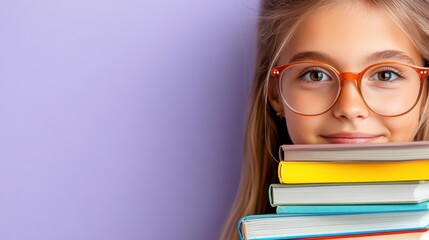 Young student enjoys learning while holding books against pastel backdrop