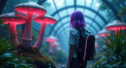 Obraz premium A person with purple hair stands amazed in a mystical forest, surrounded by oversized glowing mushrooms. The ethereal ambiance creates a captivating atmosphere, enhancing the sense of wonder