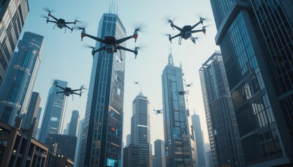 High above a vibrant metropolis, multiple drones glide gracefully between skyscrapers, reflecting the dynamic energy of modern urban living and technological advancement
