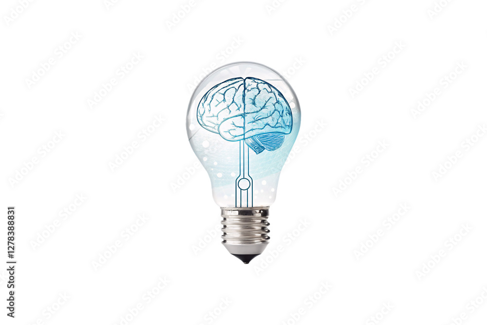 Poster a light bulb with a digitally illustrated brain inside, glowing in cool blue tones. the intricate ne