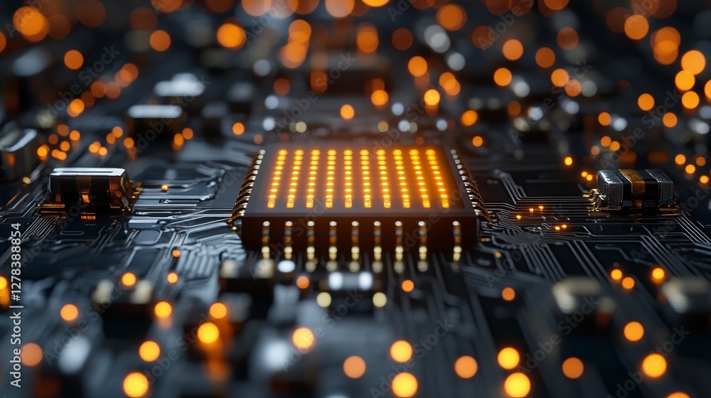 Poster detailed view of a circuit board with illuminated microchip