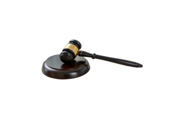 A judge’s gavel rests on a wooden base, symbolizing law, justice, court decisions, and the authority of the legal system in maintaining societal order, isolated on a transparent background
