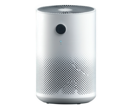 Air purifier with sleek design, featuring control knob and indicator lights, ideal for improving indoor air quality. Perfect for home or office use