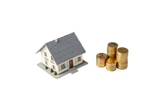 A miniature house model sits beside stacks of golden coins, symbolizing real estate investment, savings, or financial growth, isolated on a transparent background