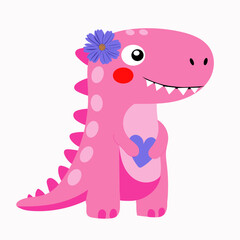 Cute Pink Dinosaur With Purple Flower And Heart Dinosaur Print Birthday Card