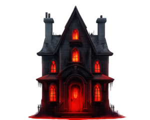 haunted house with cursed glowing red door, ominous atmosphere, and eerie architecture. dark exterior and illuminated windows create chilling effect