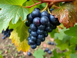 Concord grapes harvested at dawn, amidst dewy vines