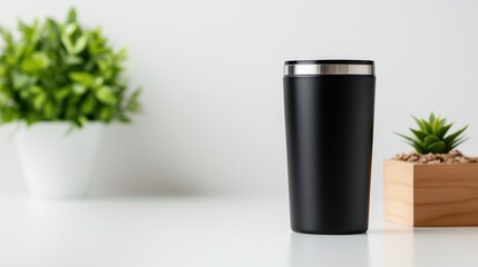 Sleek black steel tumbler on a clean white surface with greenery accents