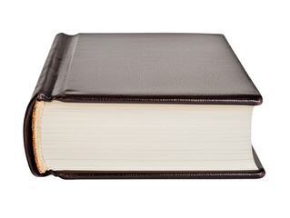 Closed brown leather book with transparent background studio minimalist style side view