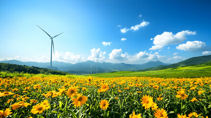 Yellow Sunflowers Blooming In Field With Wind Turbine Under Blue Sky