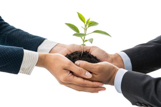 Four hands in suits support the small plant together, conveying collaboration, responsibility, and environmental commitment in business, isolated on a transparent background