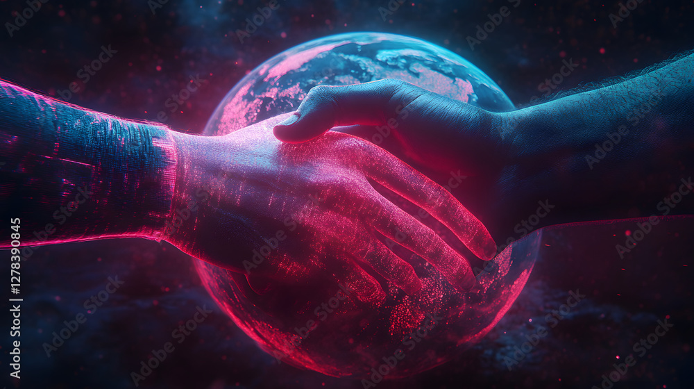 Poster hands connecting over a glowing earth in a cosmic setting