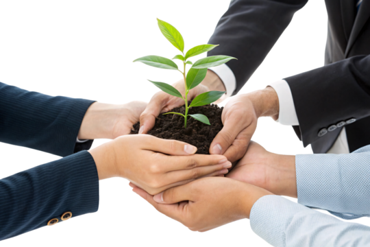 Multiple hands hold the growing plant, reinforcing teamwork, investment, and shared responsibility for growth and success, isolated on a transparent background - Powered by Adobe