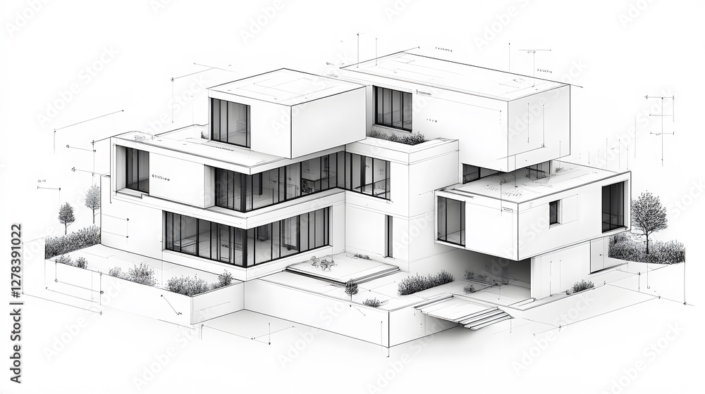 Poster Modern architectural design featuring multiple levels and large windows