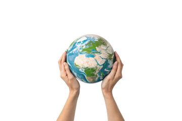Two hands cradle a globe showing Europe, Africa, and Asia, symbolizing environmental responsibility, global unity, and the protection of Earth's natural resources, isolated on a transparent background